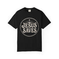 Black vintage Jesus Saves shirt with distressed cross circle design