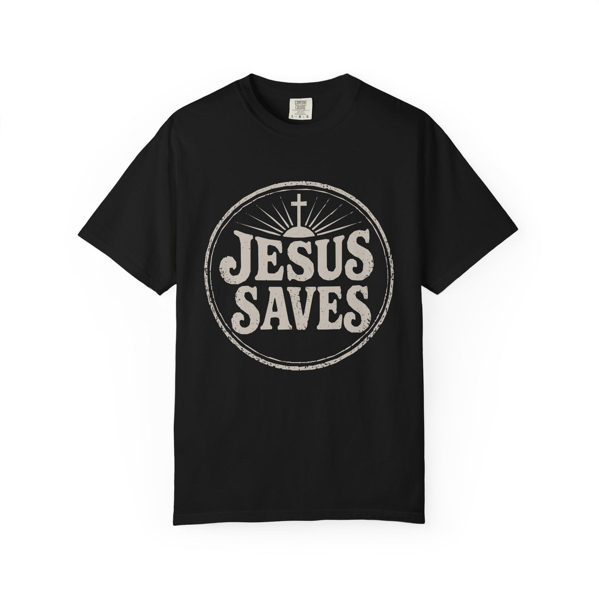 Black vintage Jesus Saves shirt with distressed cross circle design