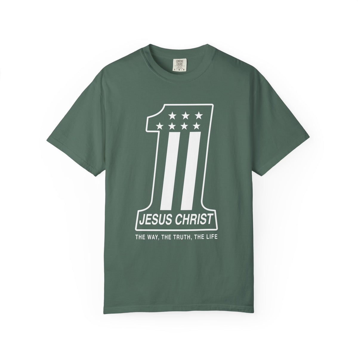 Light green Christian T-shirt featuring a number one Jesus Christ design and “The Way, the Truth, the Life” on a plain white background.