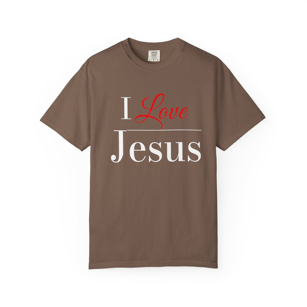 Light brown crewneck t-shirt with a graphic print on the chest reading 'I Love Jesus' in white and red text, displayed flat against a white background.