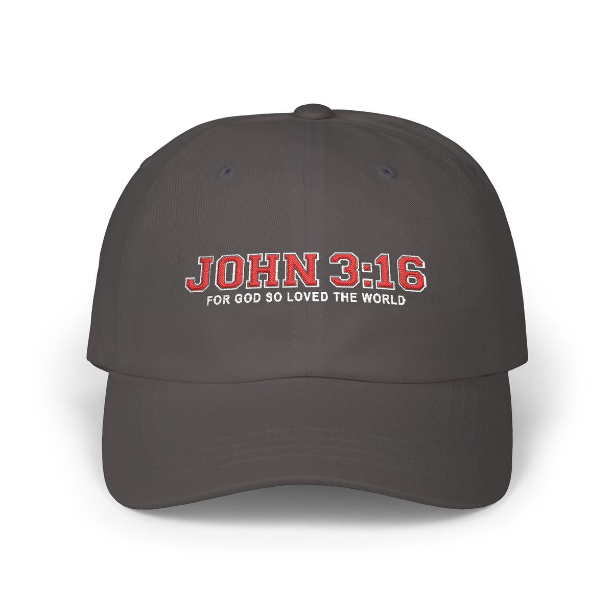 A dark gray baseball cap with 'JOHN 3:16 FOR GOD SO LOVED THE WORLD' embroidered on the front in red and white, shown against a plain white background.