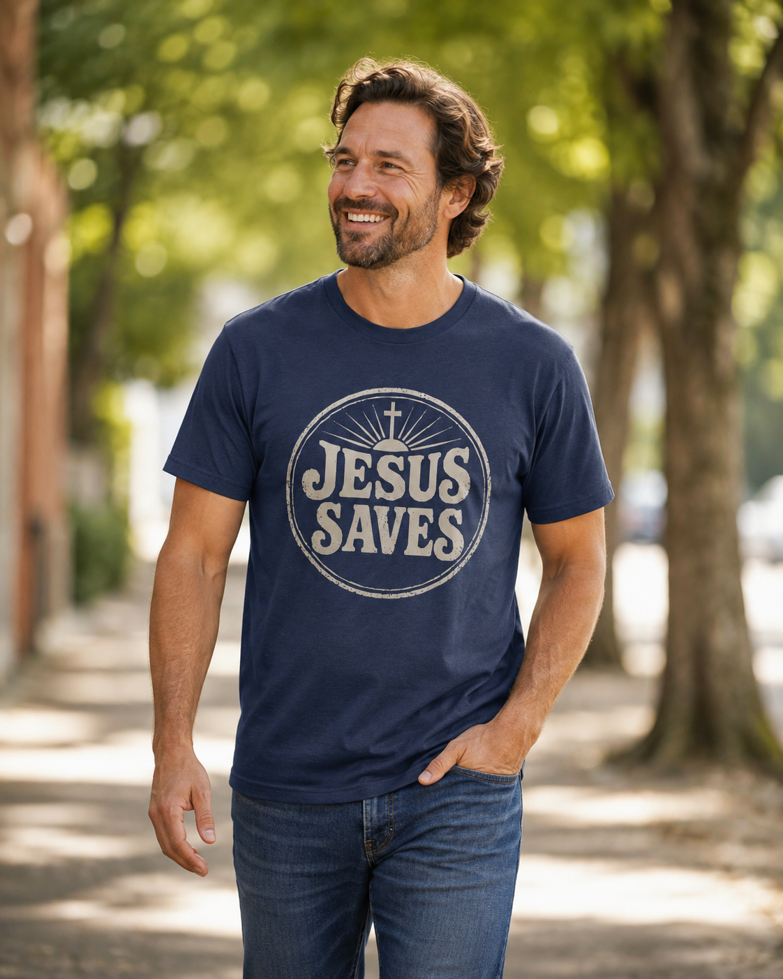 Man wearing navy vintage Jesus Saves Christian T-shirt outdoors