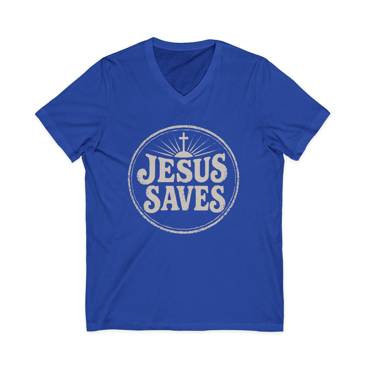 Royal blue V-neck Christian T-shirt featuring a vintage “Jesus Saves” design with a cross on a plain white background.
