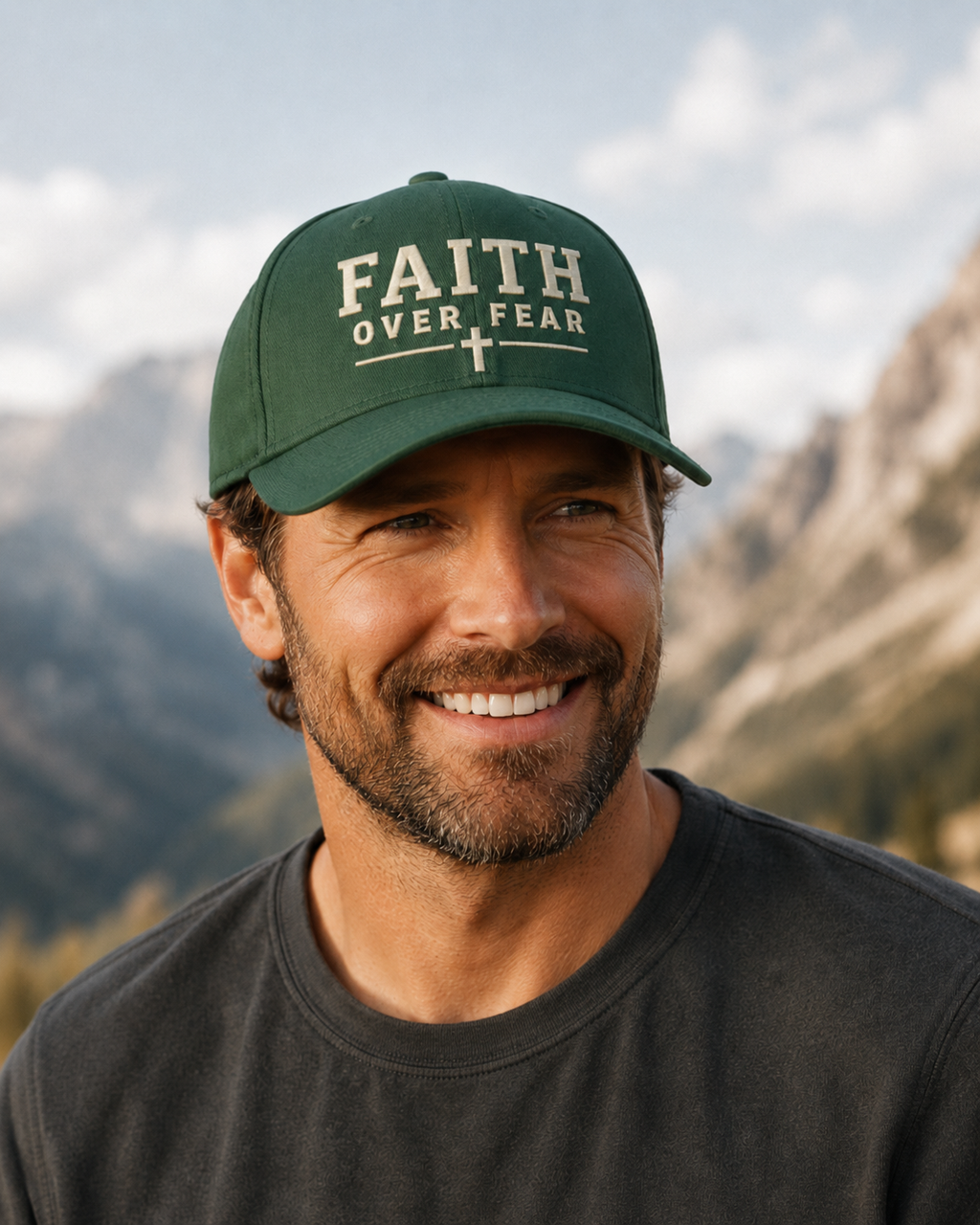 A smiling man outdoors wearing a dark green baseball cap with the words 'FAITH OVER FEAR' and a small cross emblem on the front, paired with a dark gray t-shirt against a blurred mountain background.