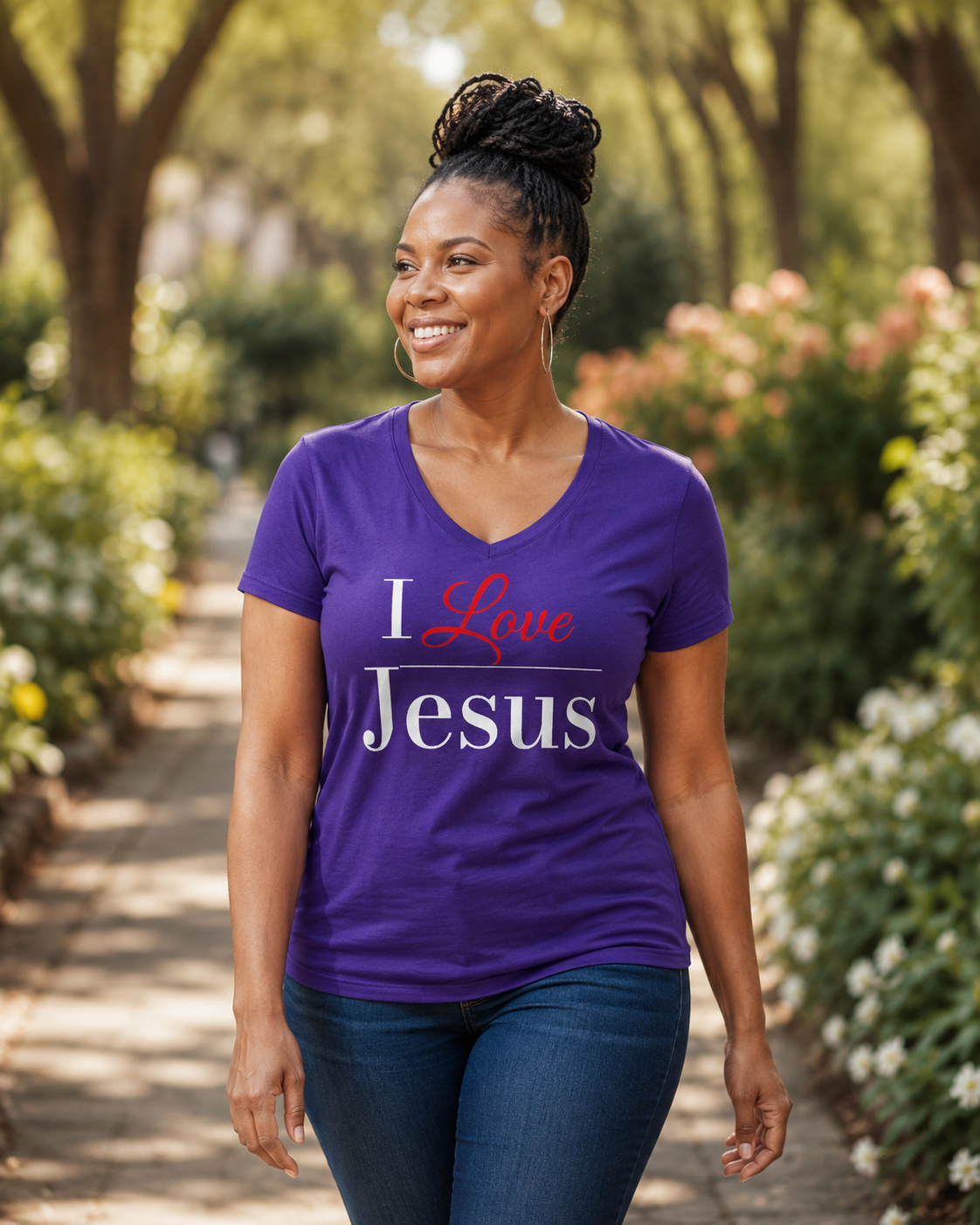A woman walking outdoors on a sunlit path wearing a purple V-neck T-shirt with the text 'I Love Jesus' printed on the front, paired with blue jeans.