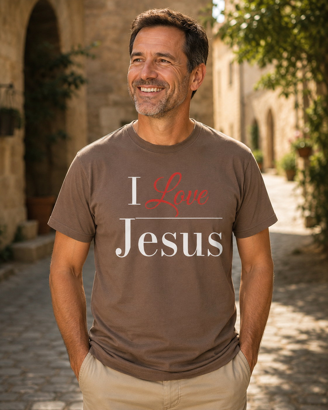 Smiling man wearing a brown “I Love Jesus” Christian T-shirt while walking along a sunlit stone street.