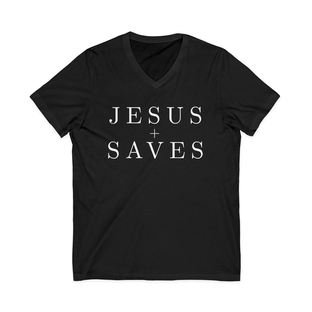 Black V-neck Christian T-shirt featuring a minimalist white “Jesus Saves” design with a cross on a plain white background.