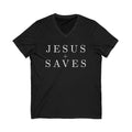 Black V-neck Christian T-shirt featuring a minimalist white “Jesus Saves” design with a cross on a plain white background.