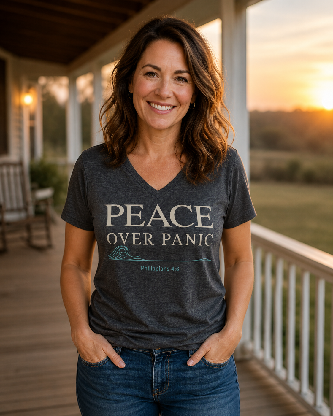 A smiling woman stands on a wooden porch at sunset wearing a dark heather gray V-neck t-shirt with the text 'PEACE OVER PANIC' and 'Philippians 4:6' printed on the front, paired with blue jeans.