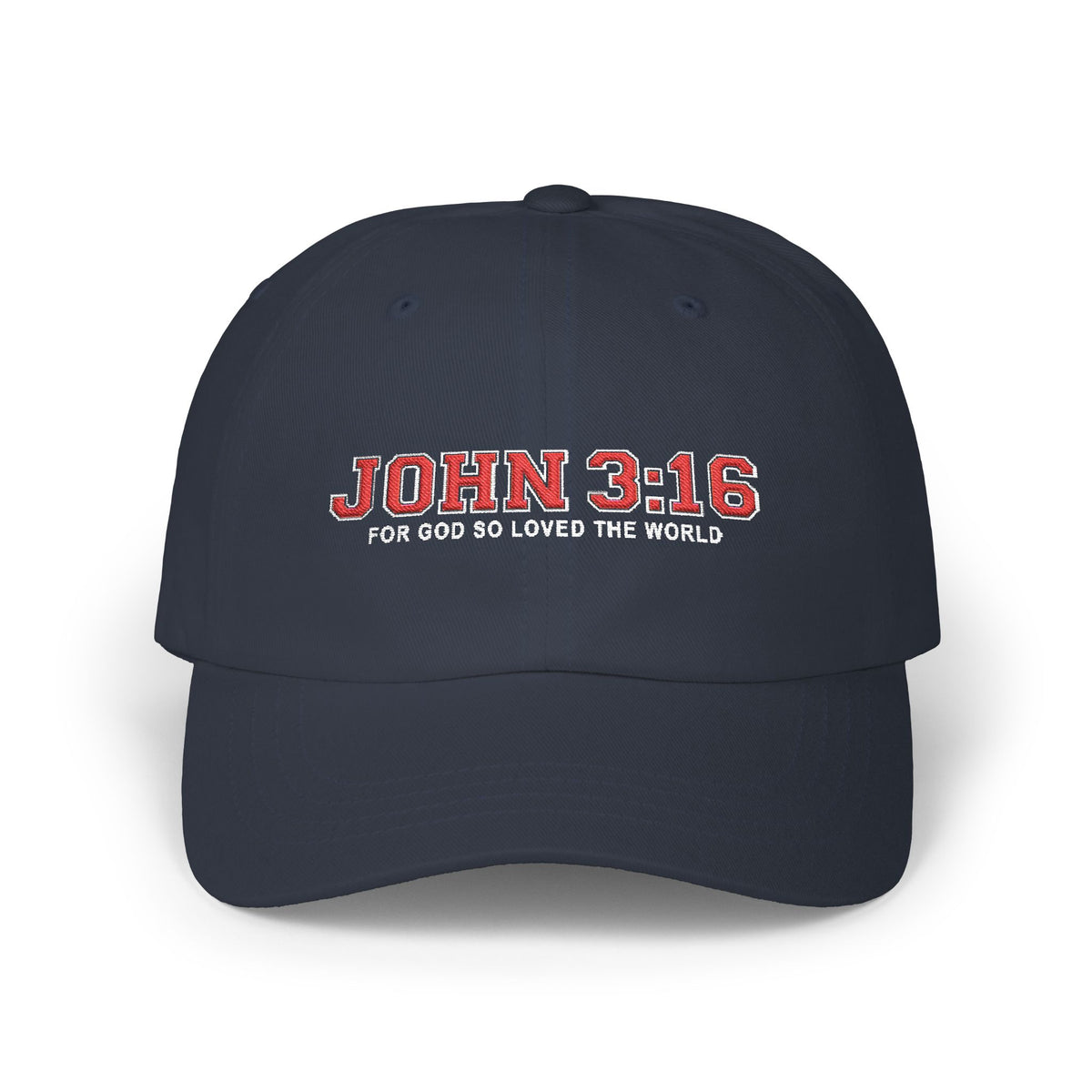 A navy blue baseball cap with 'JOHN 3:16 FOR GOD SO LOVED THE WORLD' embroidered on the front in red and white, shown against a plain white background.