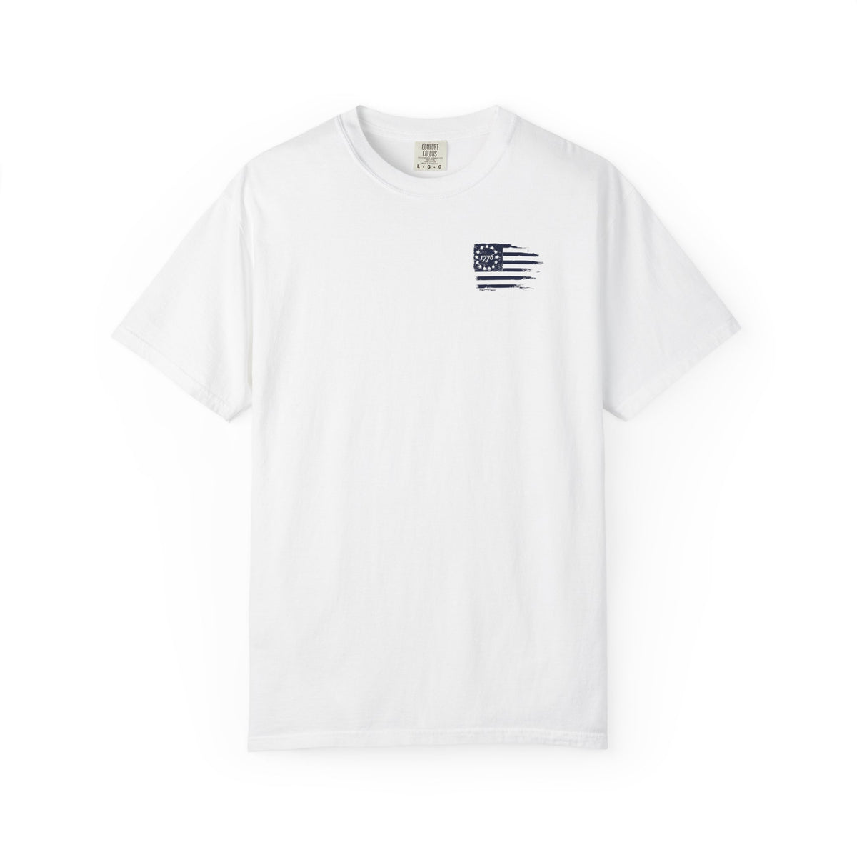 White crew-neck Christian T-shirt front mockup with small navy distressed 1776 flag graphic on left chest.