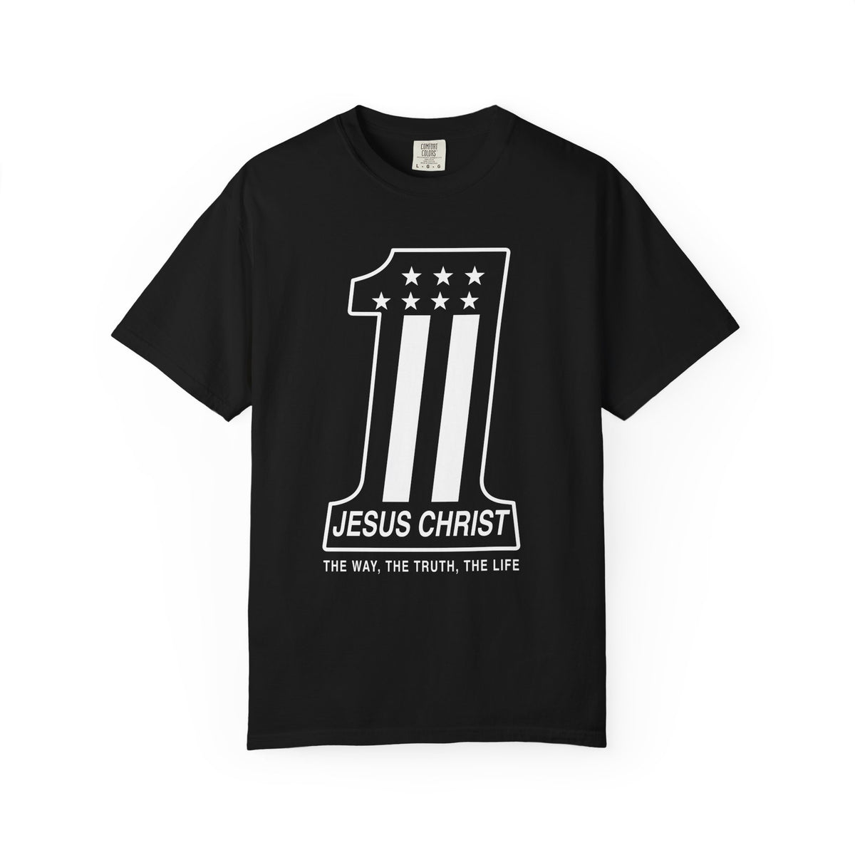 Black Christian T-shirt featuring a number one Jesus Christ design and “The Way, the Truth, the Life” on a plain white background.