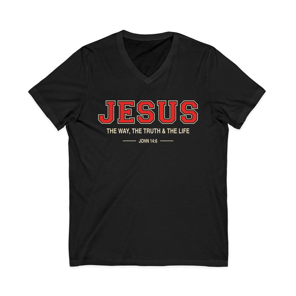 Black V-neck Christian T-shirt reading “Jesus—The Way, the Truth & the Life” with John 14:6 on a plain white background.