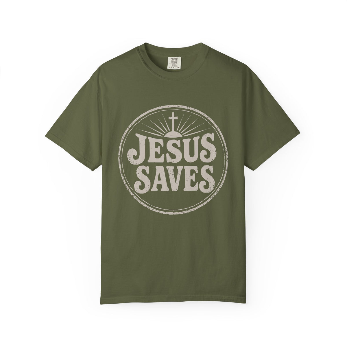 Olive green Christian T-shirt featuring a vintage “Jesus Saves” design with a cross on a plain white background.