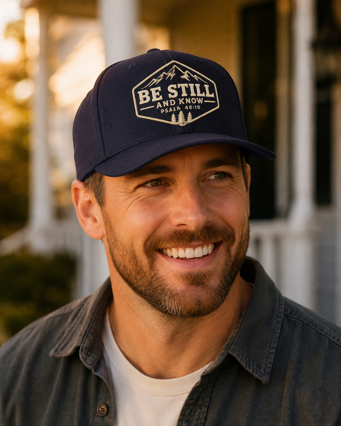 Man wearing navy Be Still and Know Psalm 46:10 embroidered Christian baseball cap outdoors.
