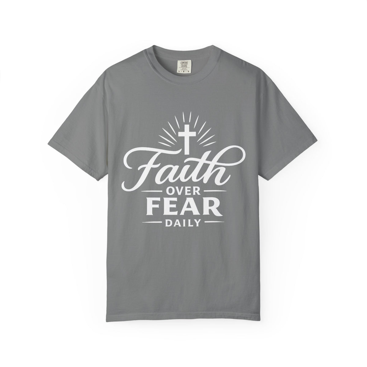 Gray Christian T-shirt featuring a white “Faith Over Fear Daily” design with a cross on a plain white background.
