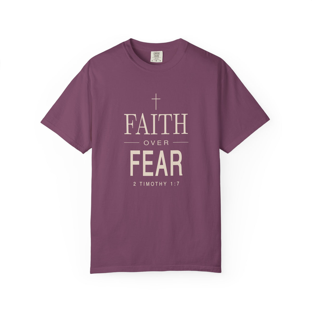 Purple Christian T-shirt featuring a white “Faith Over Fear” design with a cross and 2 Timothy 1:7 on a plain white background.