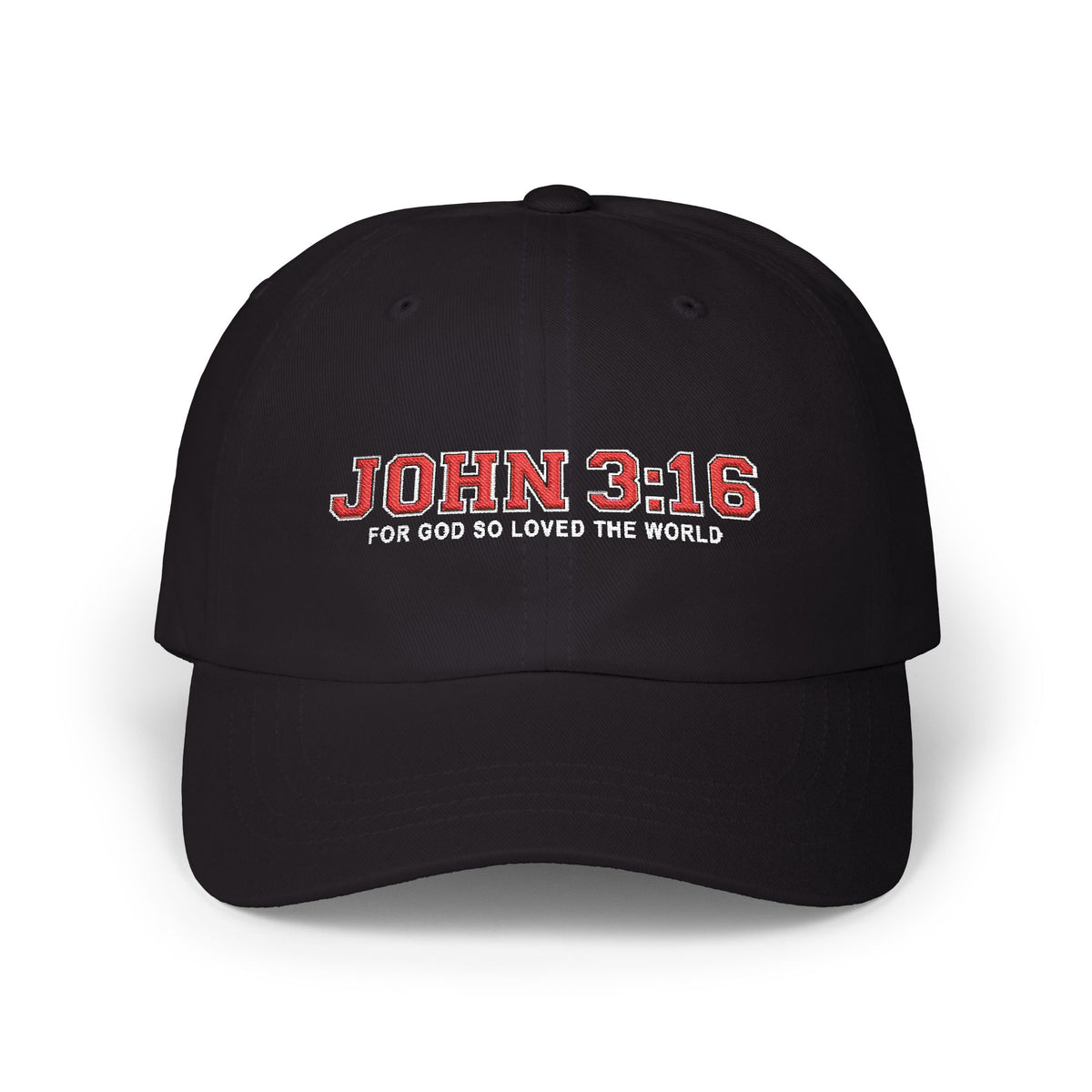 A black baseball cap with 'JOHN 3:16 FOR GOD SO LOVED THE WORLD' embroidered on the front in red and white, shown against a plain white background.