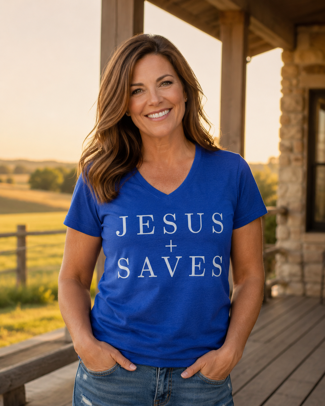 A smiling woman wearing a royal blue V-neck t-shirt with the text 'JESUS + SAVES' printed in white across the front, standing on a wooden porch with a country landscape in the background.