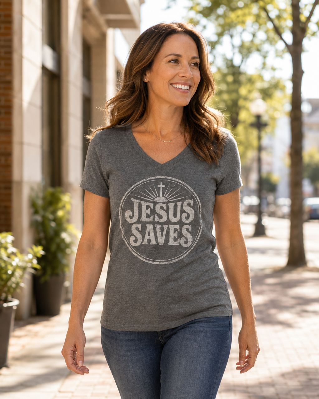 Smiling woman wearing a gray Jesus Saves Christian T-shirt while walking on a sunny, tree-lined sidewalk.