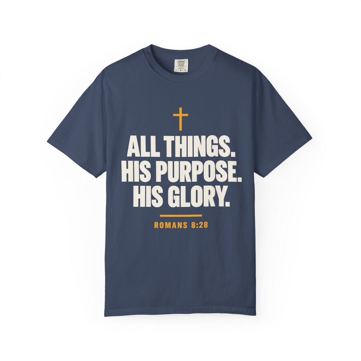 Light blue Christian T-shirt featuring “All Things. His Purpose. His Glory.” with a cross and Romans 8:28 on a plain white background.