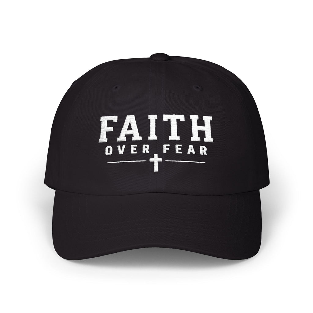 Black Christian baseball hat embroidered with a white “Faith Over Fear” design and cross on a white background.