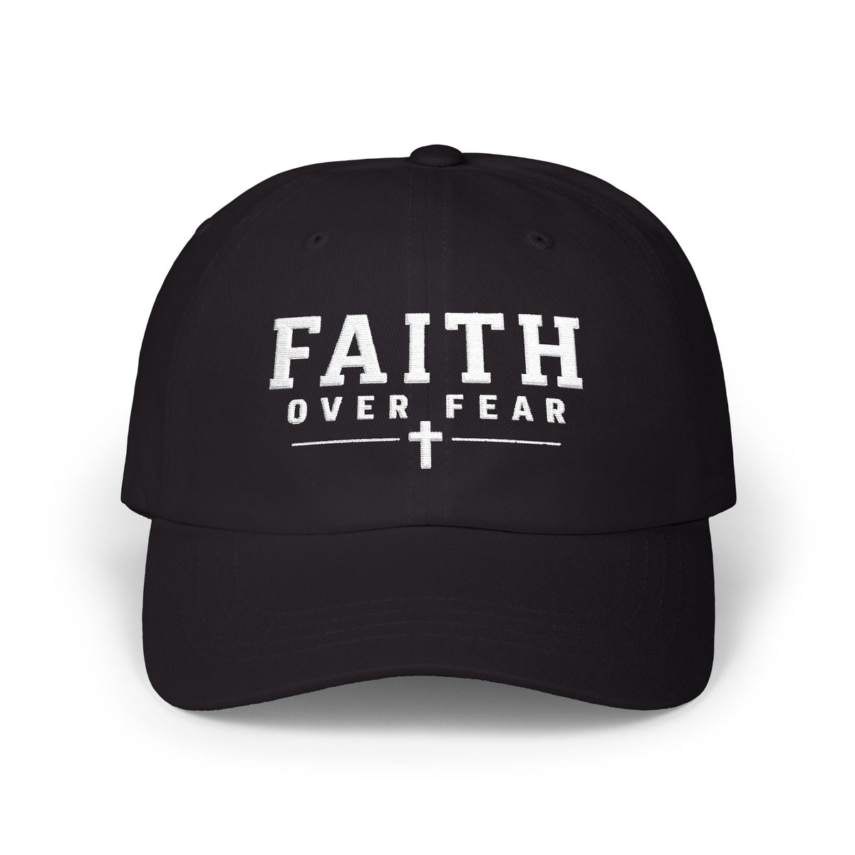 Black Christian baseball hat embroidered with a white “Faith Over Fear” design and cross on a white background.