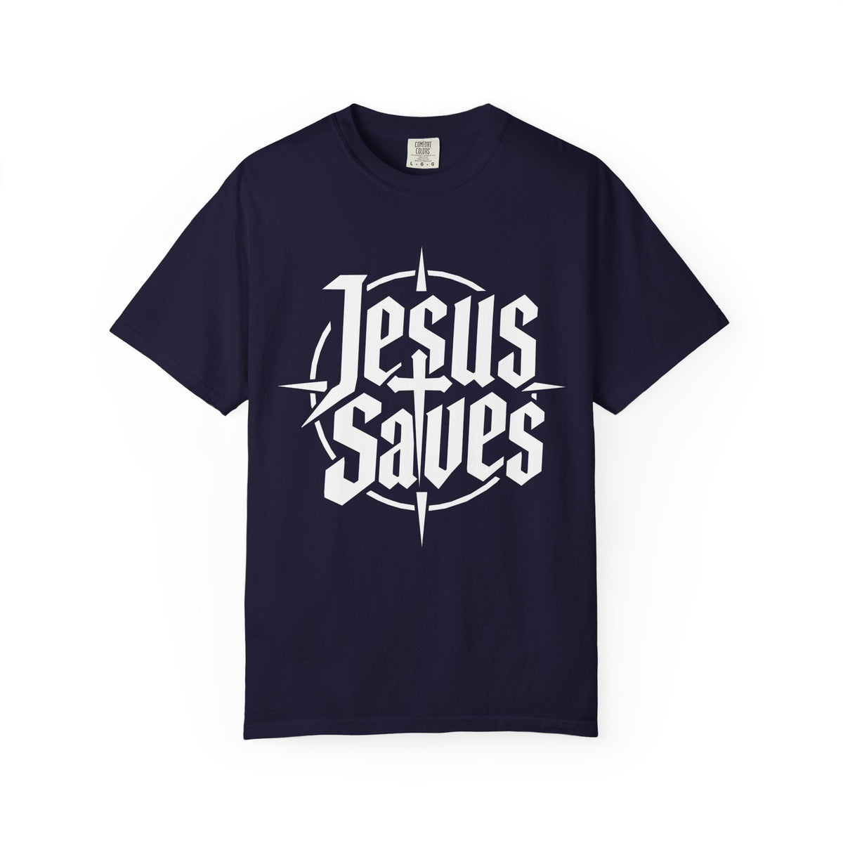 Navy Christian T-shirt featuring a bold white “Jesus Saves” typographic compass design on a plain white background.