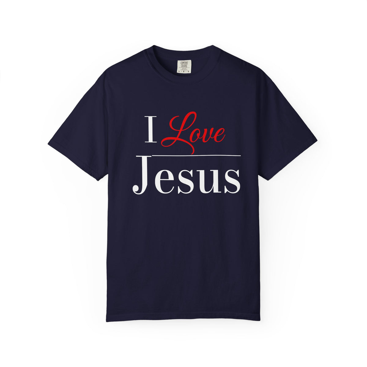 Navy crewneck t-shirt with a graphic print on the chest reading 'I Love Jesus' in white and red text, displayed flat against a white background.