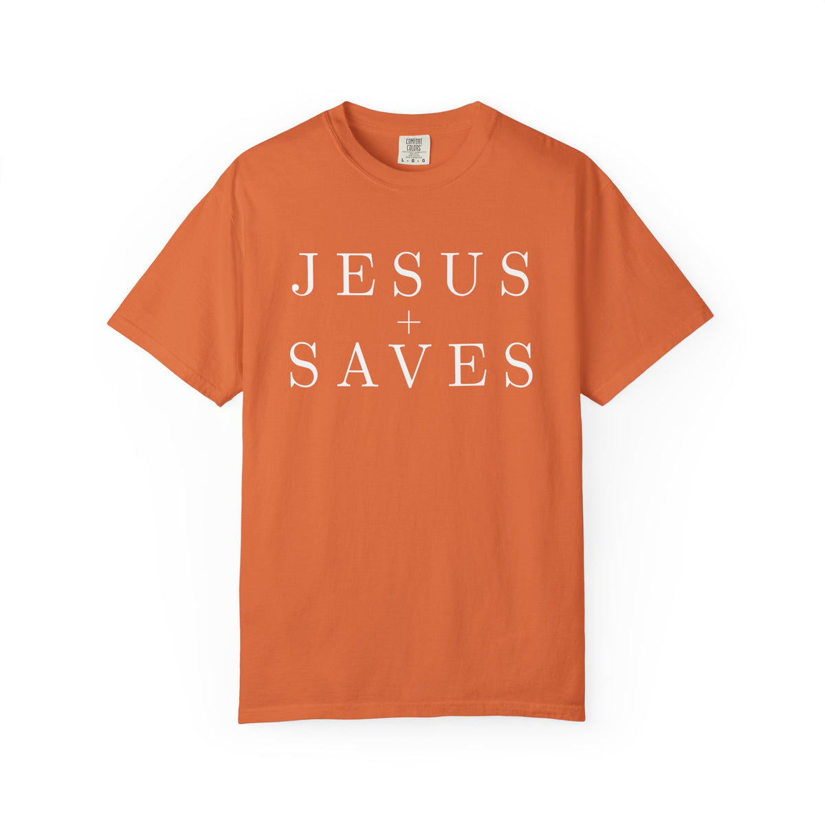 Burnt Orange Christian T-shirt featuring a minimalist white “Jesus Saves” serif typography design with decorative detail.