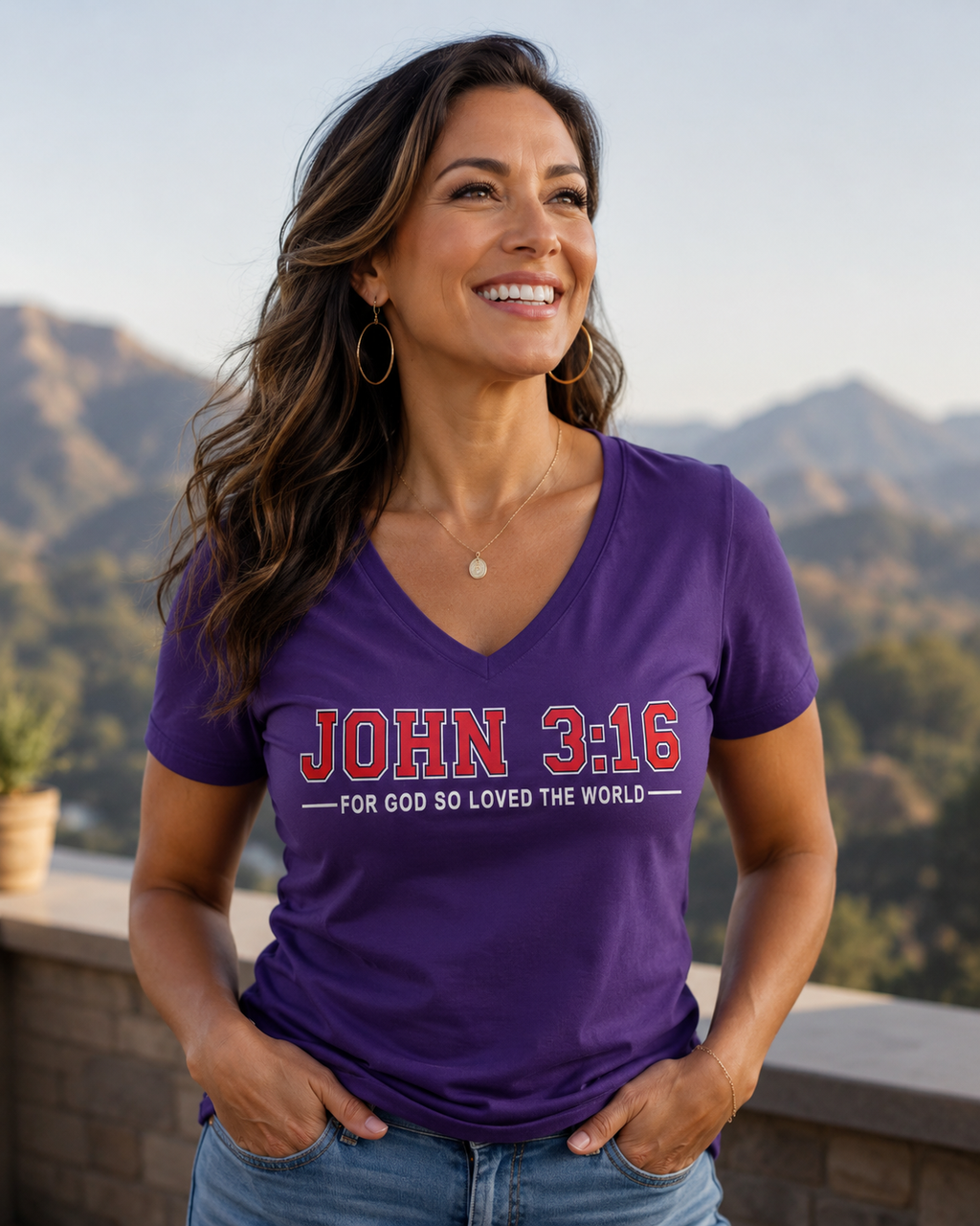 Woman wearing a purple John 3:16 Christian V-neck T-shirt featuring “For God So Loved the World” Scripture typography outdoors.