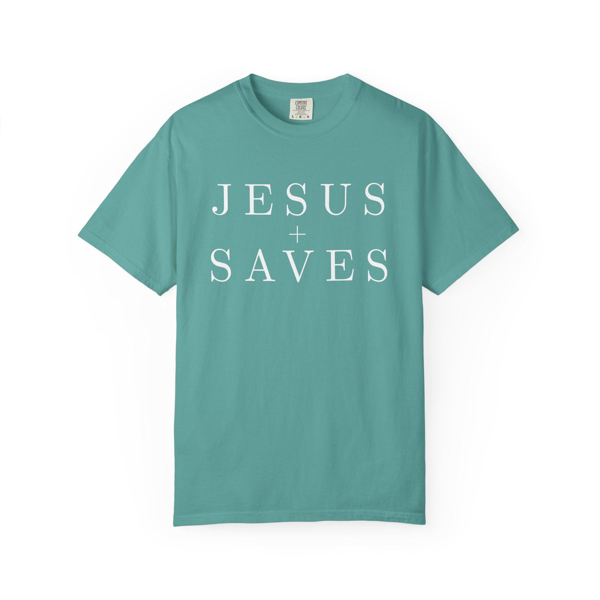 Teal Christian T-shirt featuring a minimalist white “Jesus Saves” serif typography design with decorative detail.