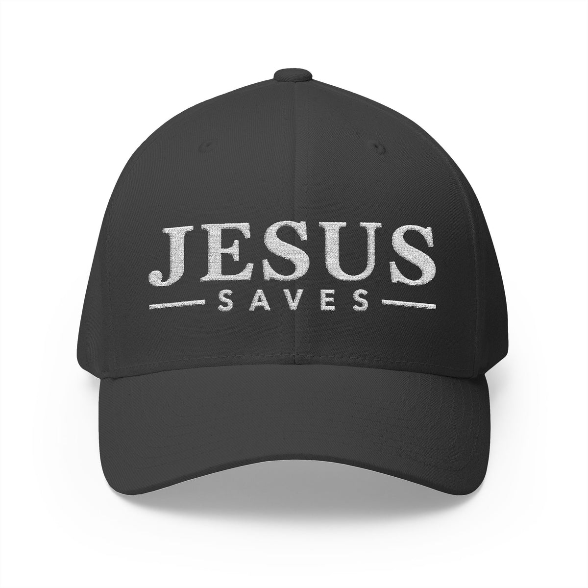 A dark gray baseball cap with 'JESUS SAVES' embroidered in white across the front, shown on a clean white background.
