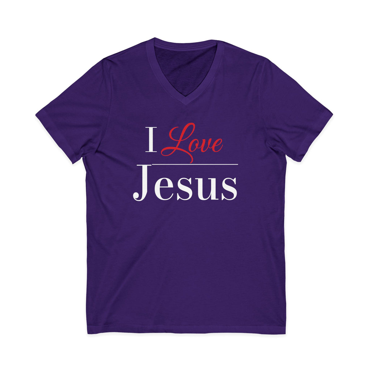 Purple V-neck Christian T-shirt featuring an “I Love Jesus” design in white and red on a plain white background.