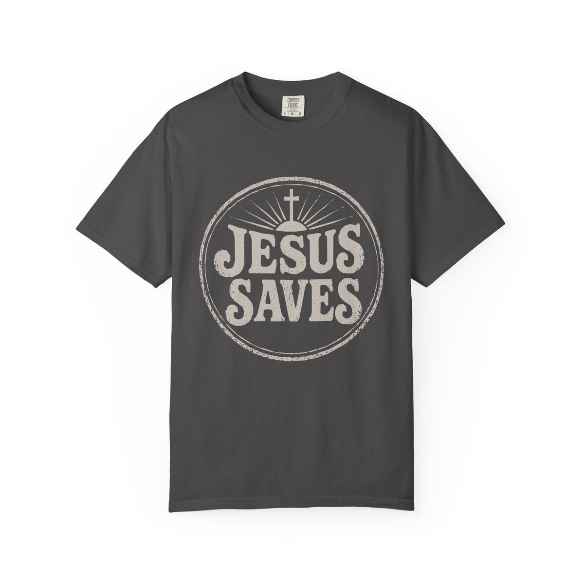Gray Christian T-shirt featuring a vintage “Jesus Saves” design with a cross on a plain white background.