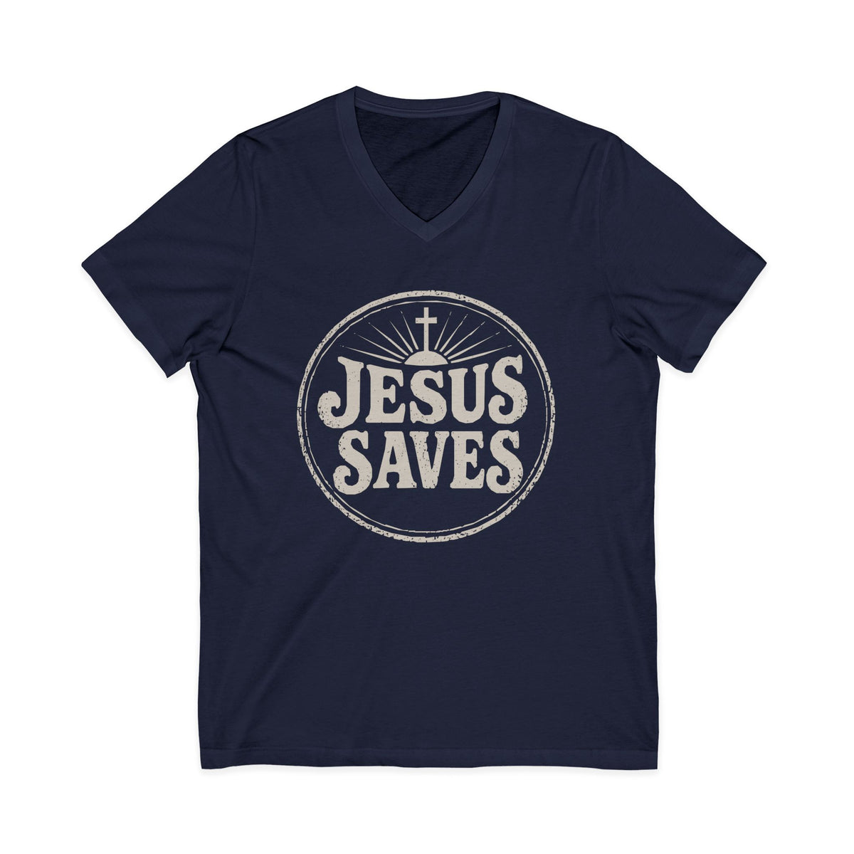 Navy V-neck Christian T-shirt featuring a vintage “Jesus Saves” design with a cross on a plain white background.