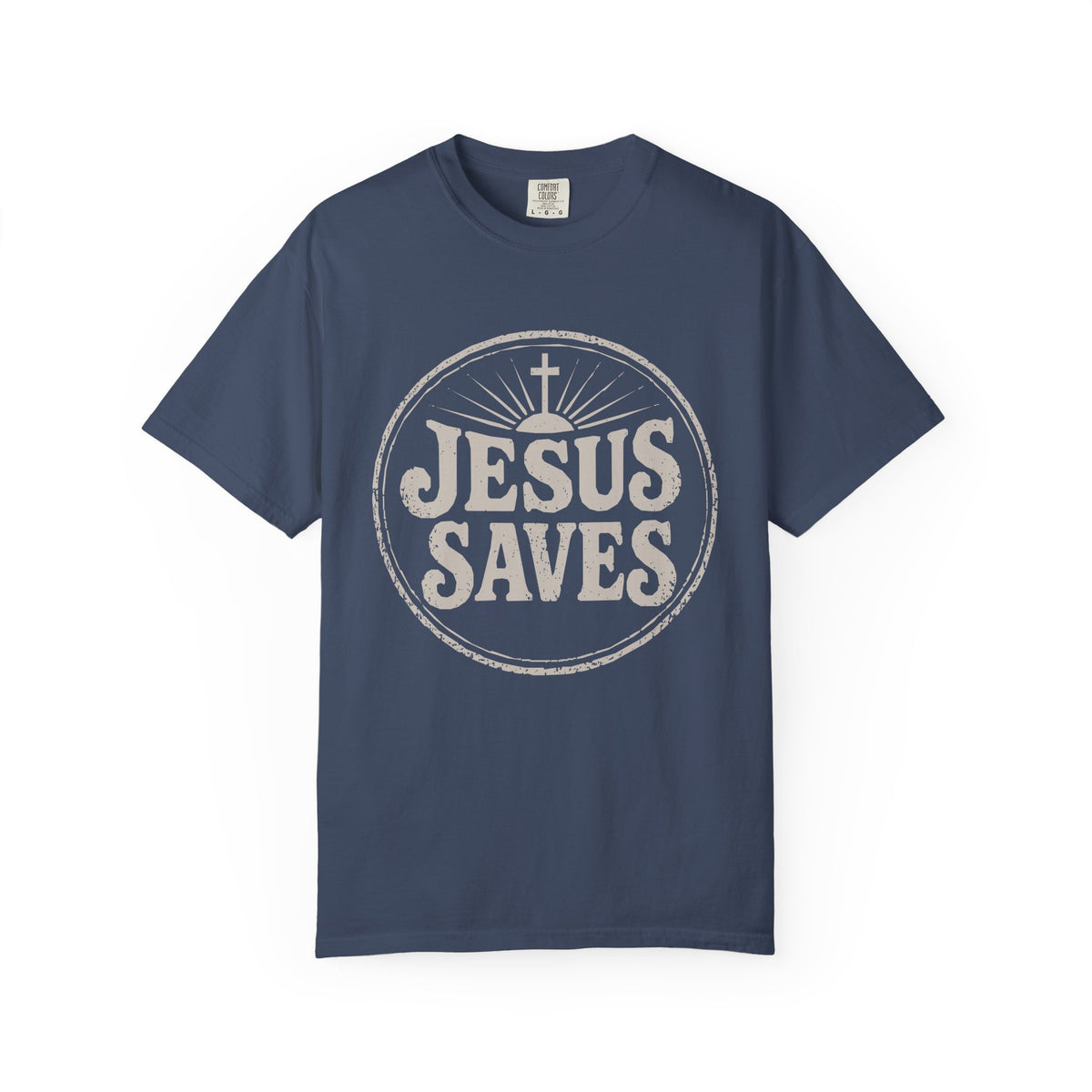 Light blue Christian T-shirt featuring a vintage “Jesus Saves” design with a cross on a plain white background.