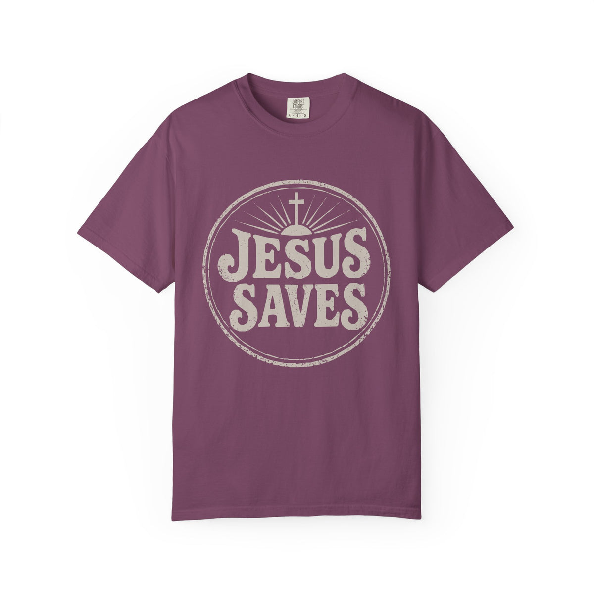 Plum Christian T-shirt featuring a vintage “Jesus Saves” design with a cross on a plain white background.
