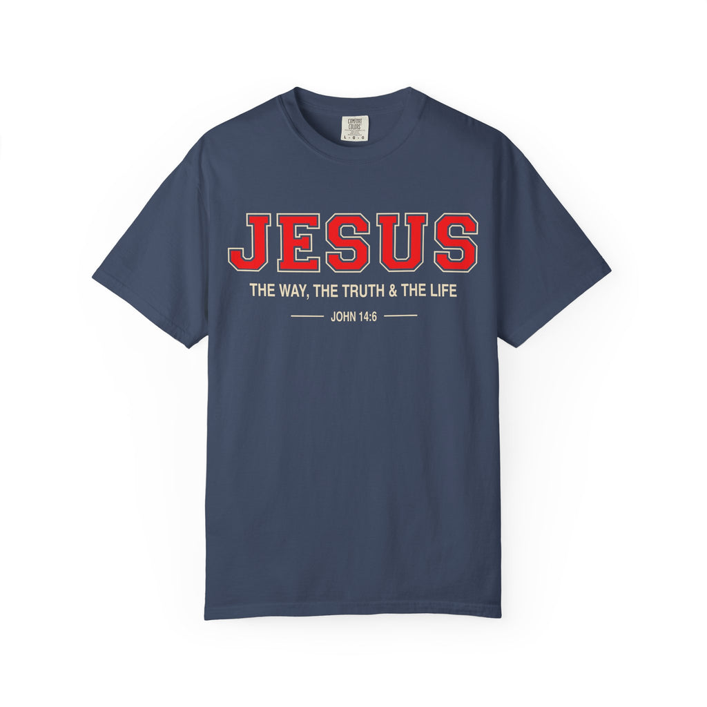 Blue The Way The Truth & The Life Christian T-shirt with Jesus typography