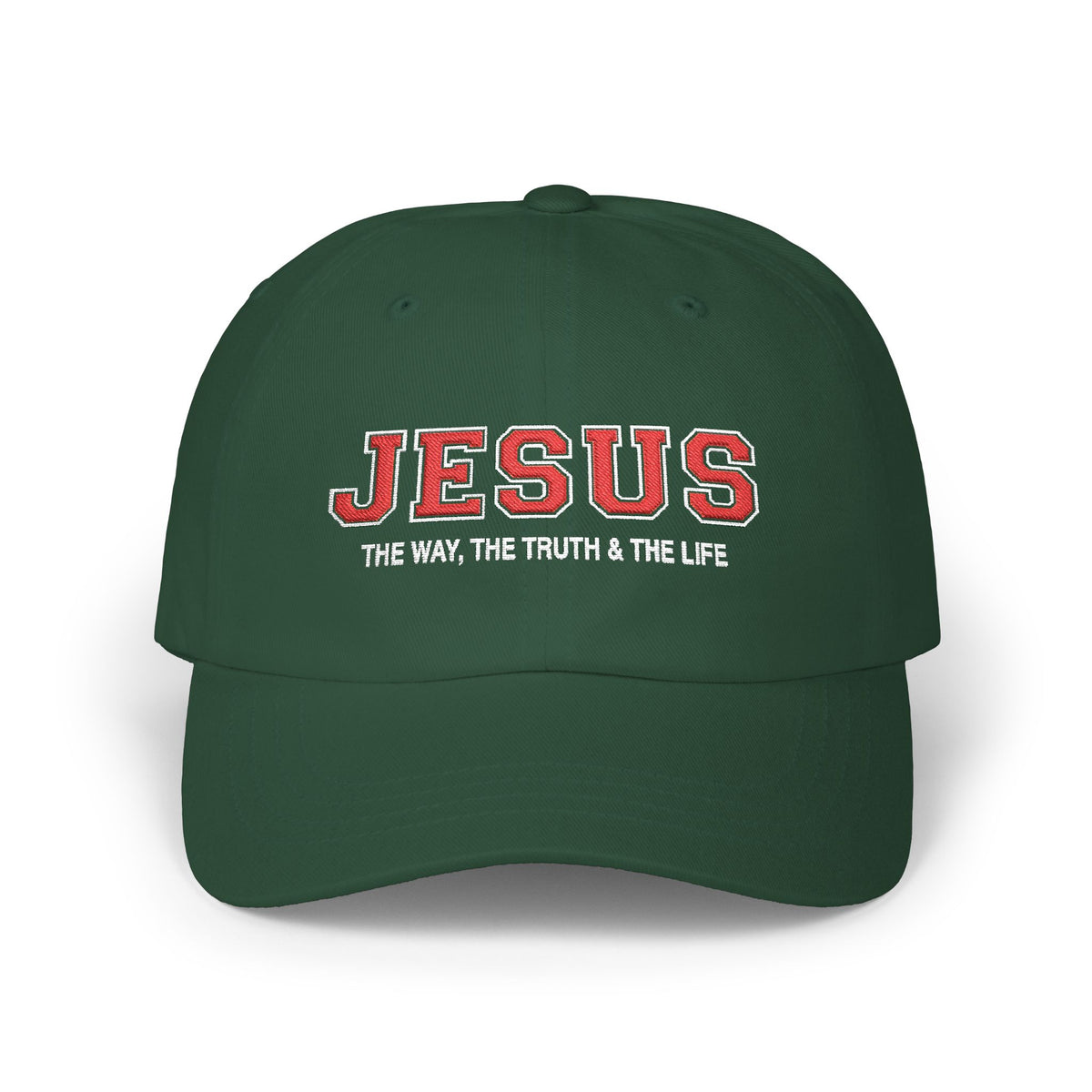 Spruce green Jesus Christian baseball hat with embroidered JESUS and “The Way, The Truth & The Life” design on a plain white background