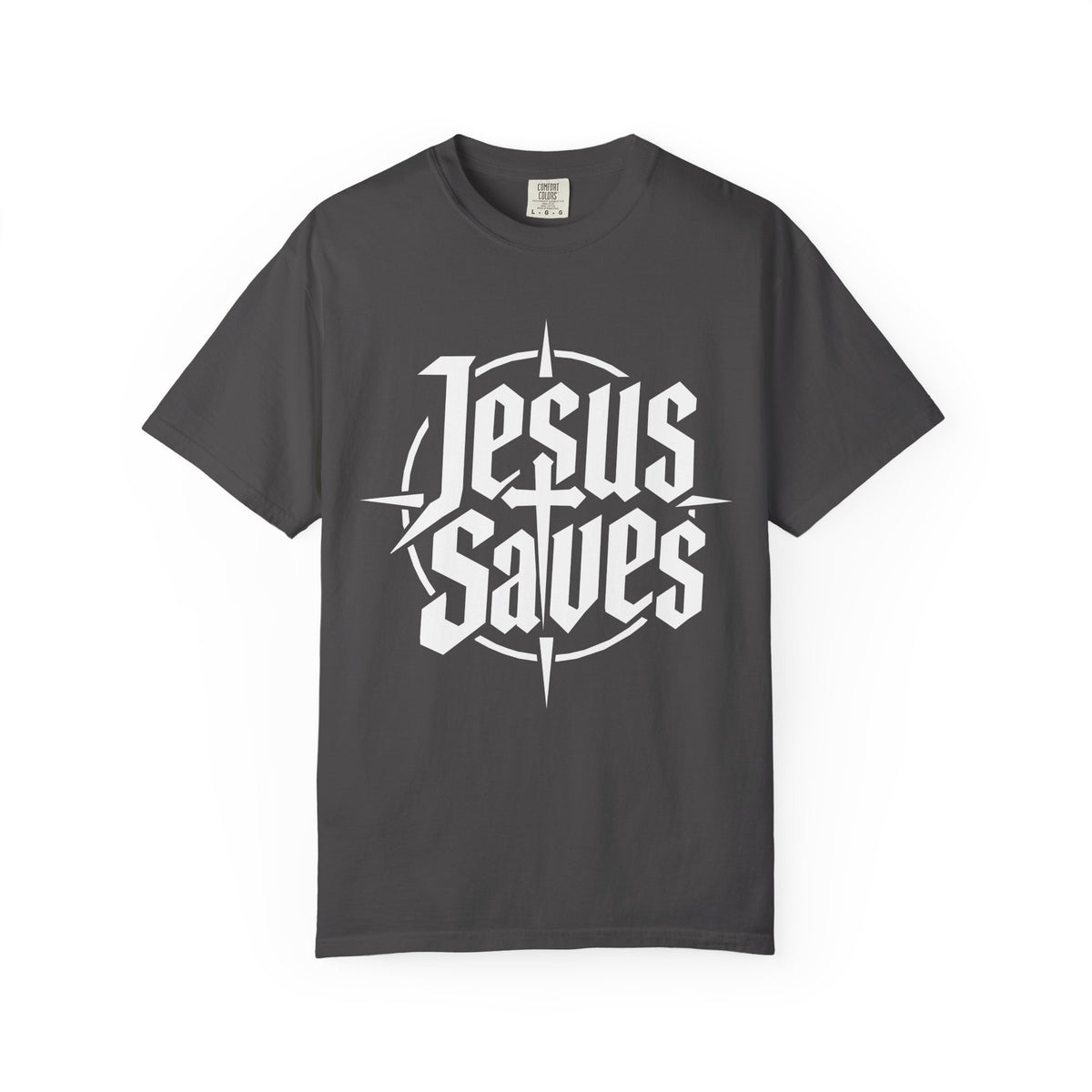 Gray Christian T-shirt featuring a bold white “Jesus Saves” typographic compass design on a plain white background.