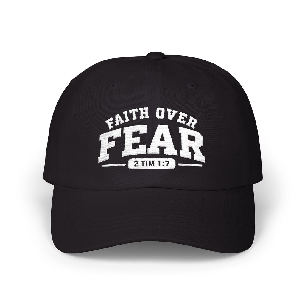 A navy baseball cap with white embroidered text reading 'FAITH OVER FEAR' and '2 TIM 1:7' on the front, shown on a clean white background.