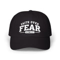 A navy baseball cap with white embroidered text reading 'FAITH OVER FEAR' and '2 TIM 1:7' on the front, shown on a clean white background.