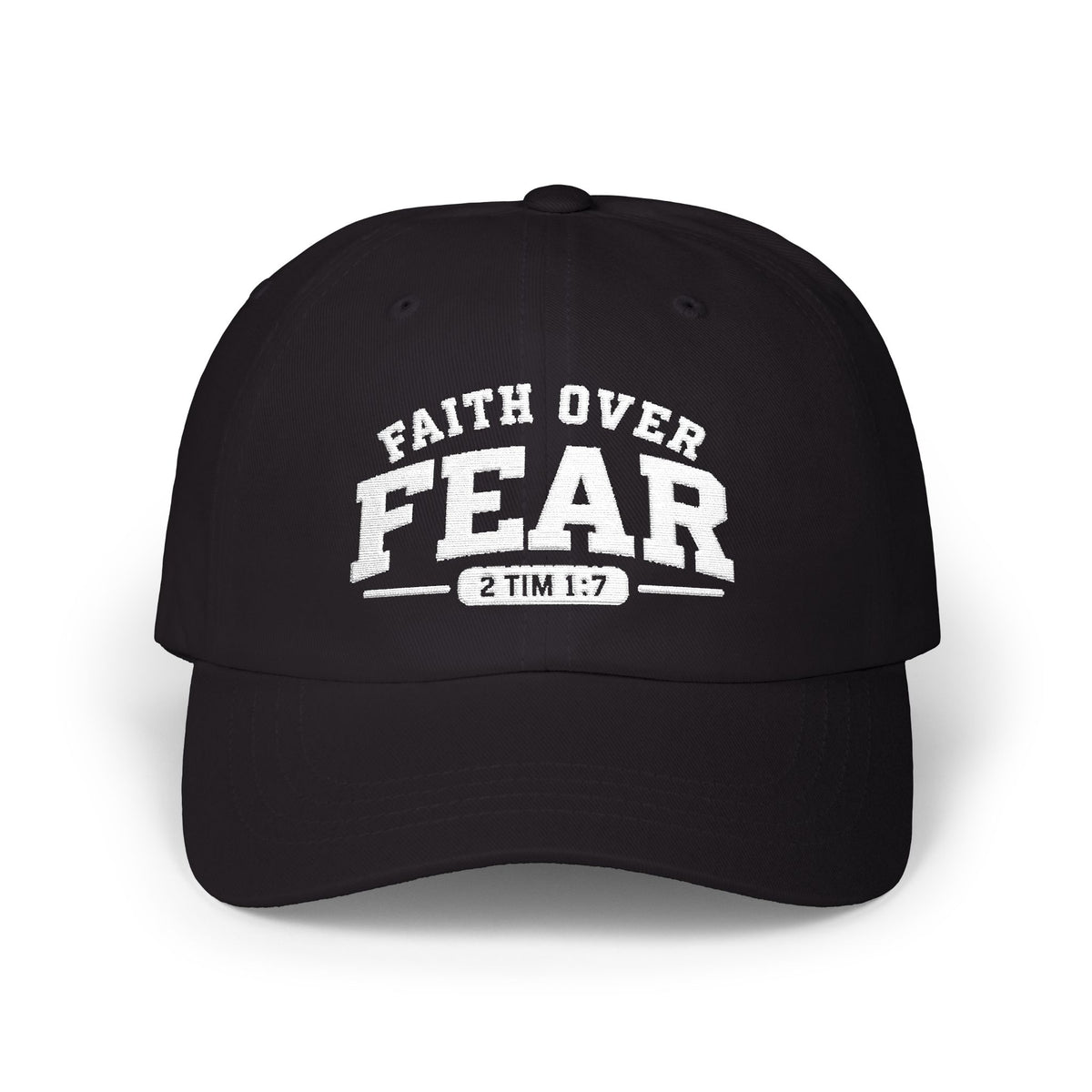 A navy baseball cap with white embroidered text reading 'FAITH OVER FEAR' and '2 TIM 1:7' on the front, shown on a clean white background.