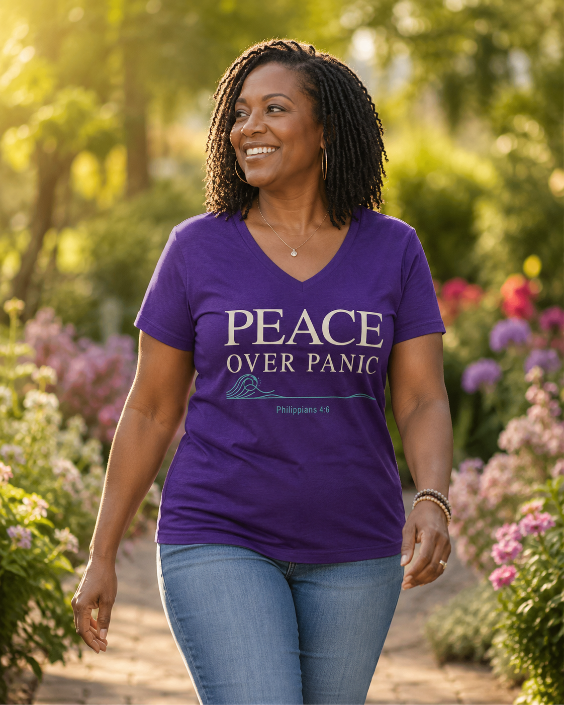 A woman walking outdoors in a sunny garden wearing a purple V-neck t-shirt with the text 'PEACE OVER PANIC' printed in white, paired with blue jeans.