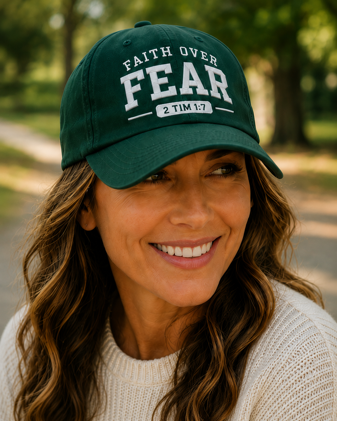 A woman wearing a dark green baseball cap with white embroidered text reading 'FAITH OVER FEAR 2 TIM 1:7' on a blurred outdoor background.