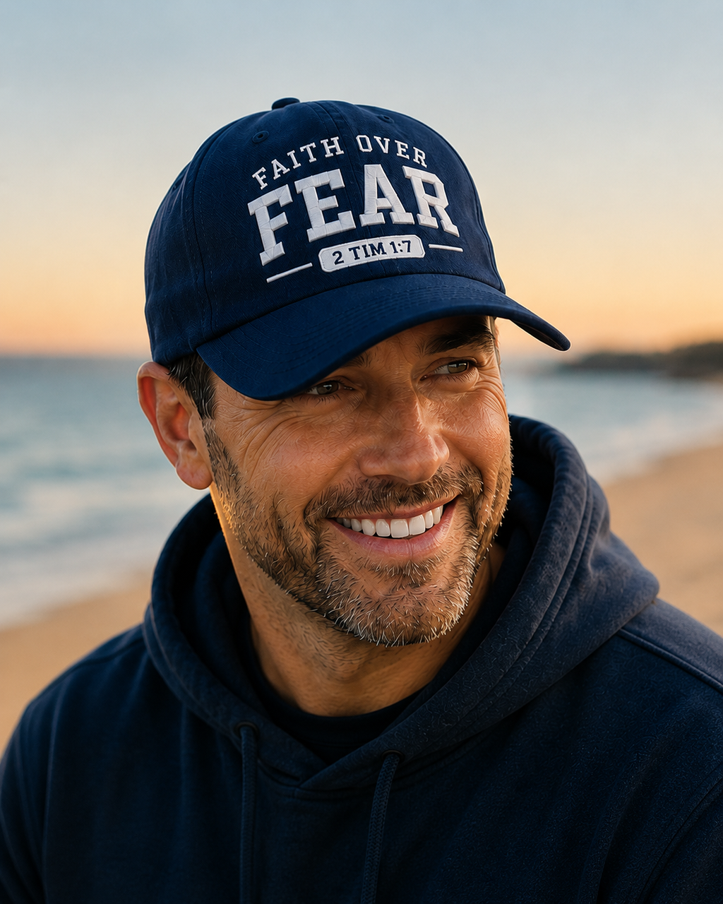 Man wearing a navy Faith Over Fear Christian baseball cap embroidered with 2 Timothy 1:7 at the beach at sunset.