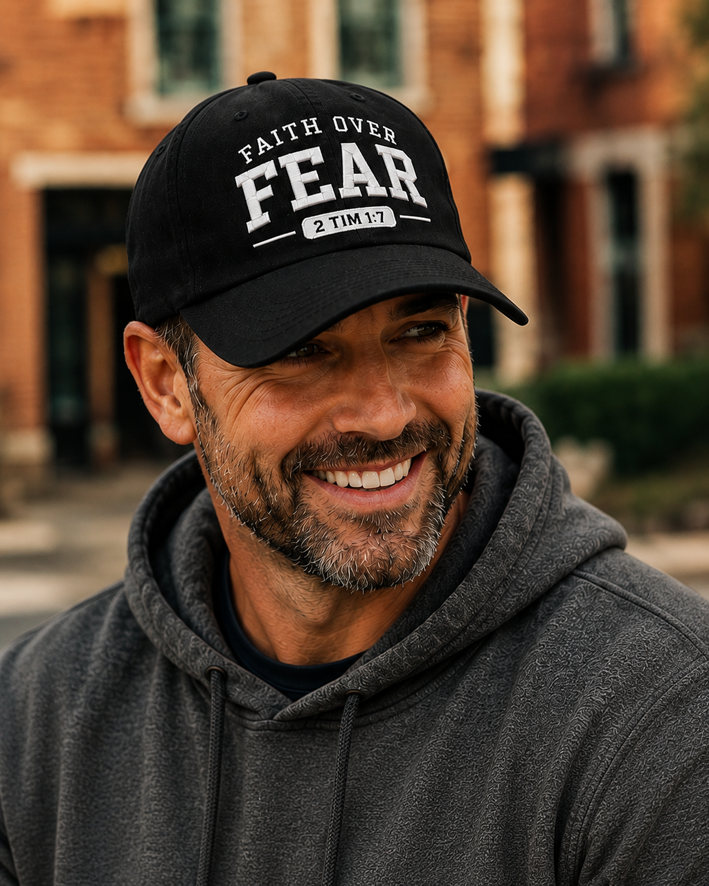 Man wearing a black Faith Over Fear Christian baseball cap embroidered with 2 Timothy 1:7 in an outdoor lifestyle setting.