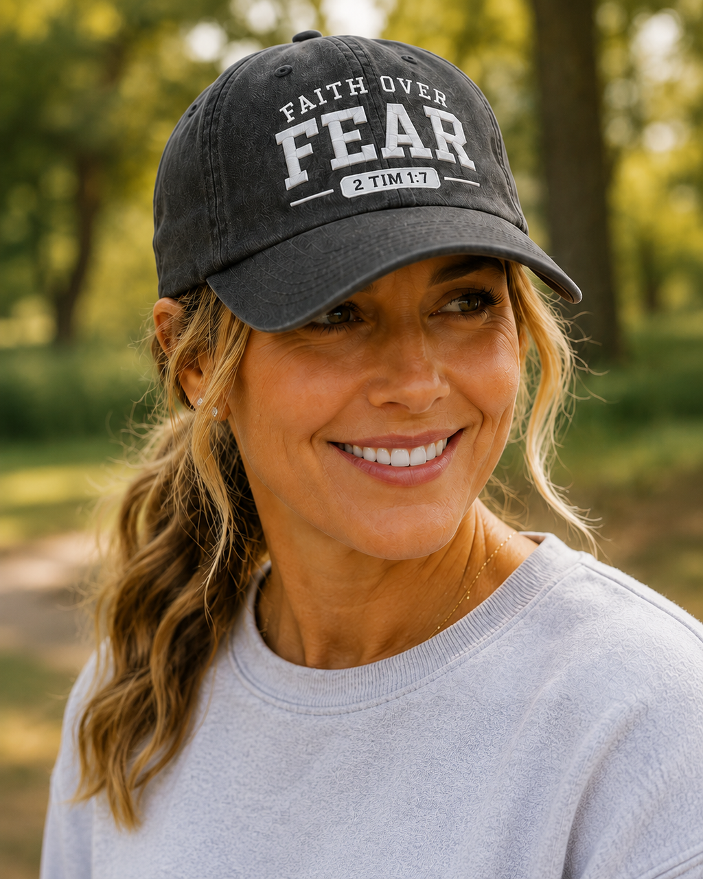 A woman wearing a dark gray distressed baseball cap with the text 'FAITH OVER FEAR 2 TIM. 1:7' in white, photographed outdoors in a park setting.