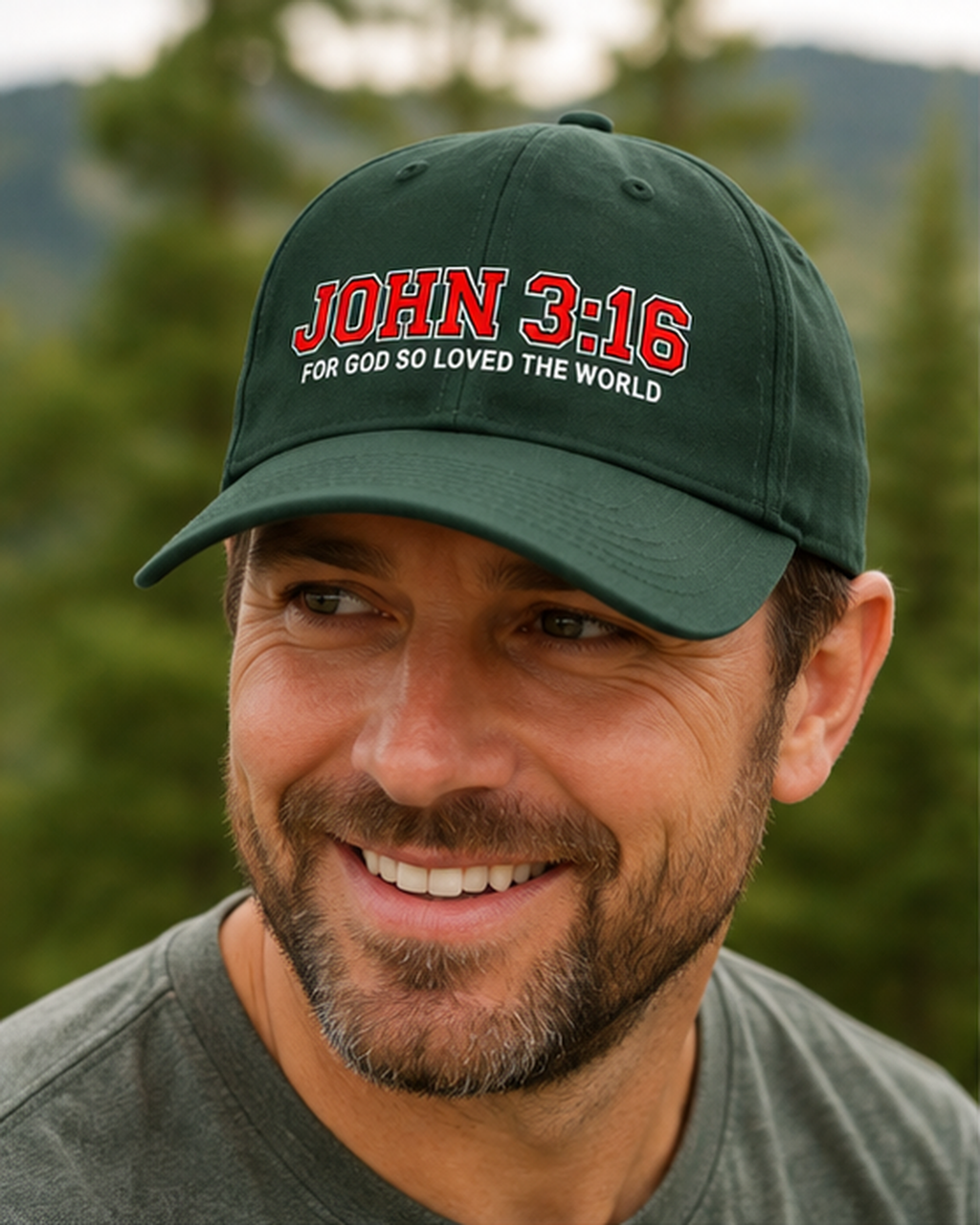 Man wearing green John 3:16 embroidered Christian hat